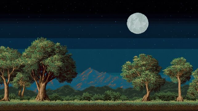 A retro-style 8-bit video game scene at night, with pixelated trees, mountains, and a moon in the sky.