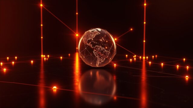 Glowing globe suspended, connected by red lines. Digital network visualization, reflective surface, dark background. Futuristic concept.