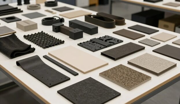 Reclaimed industrial rubber samples arranged as a material library for circular manufacturing, architectural products and sustainable product development