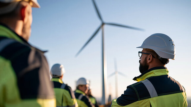 Rear view of a confident professional european team of renewable energy engineers wearing high visibility jackets and safety helmets inspecting a large wind turbine bright clean daytime