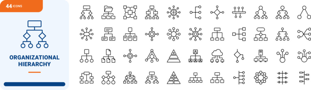 Organizational Hierarchy line icon set. Vector pictograms of decision, structure, network, and workflow elements, thin linear illustration.