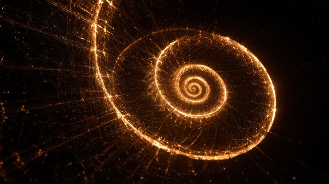 A fibonacci spiral growth pattern is visualized with a glowing amber geometric spiral expanding from the center against a dark background.