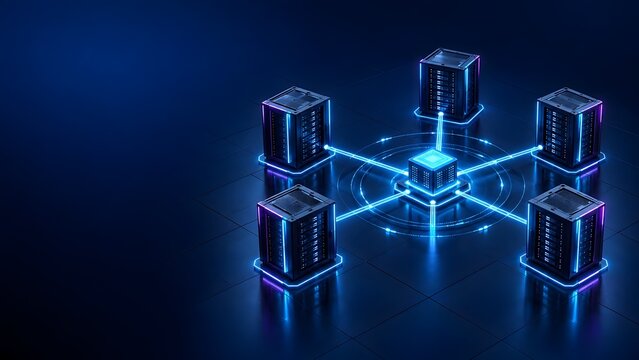 Futuristic Data Center Topology with Central Node and Connected Server Racks in Blue Neon Lights