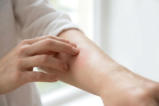 Close-up of a woman scratching a skin rash on her arm, symptoms of allergic reaction and skin rash inflammation, person suffering from itchy skin rash and dermatitis symptoms.