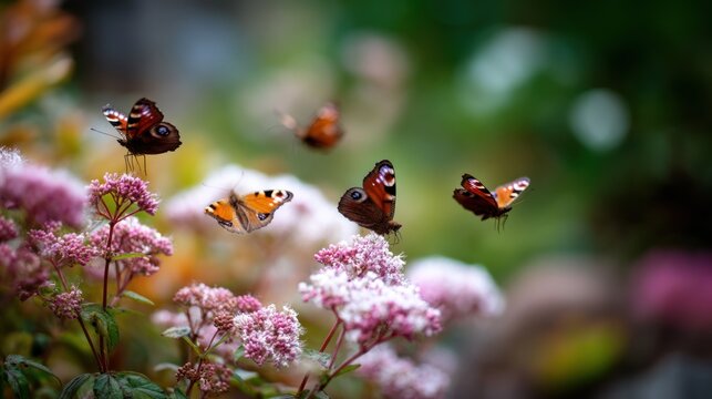 A set of UK-native butterflies flying above a blooming English garden, with the butterflies&acirc;&euro;&trade; colorful wings contrasting against the greenery.