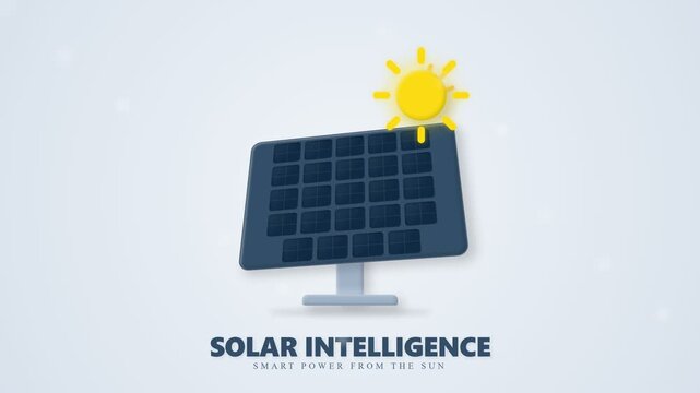 Minimalist illustration of a solar panel with a sun icon representing renewable energy and smart power technology.