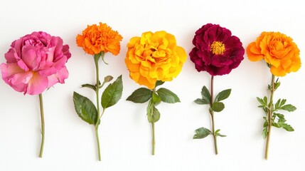 Obraz premium A simple flat lay of fresh garden flowers like roses and marigolds, isolated on a clean white background.