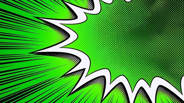 Abstract green background with white zigzag lines radiating black lines and halftone dots