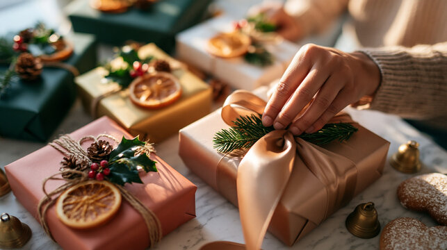 Flat lay photograph of Christmas gift wrapping in progress, five packages in different colors deep green, blush pink, gold and white scattered on a marble tabletop, decorations inc