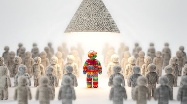 Unique Colorful Knitted Figure Standing Out from a Large Crowd of Gray Monochrome Figures Under a Bright Spotlight Representing Individuality Leadership Diversity and Being Different Concept