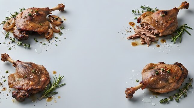 Four Crispy Duck Confit Legs Arranged on a Light Grey Background with Fresh Herbs and Shallots, Gourmet French Cuisine Food Photography