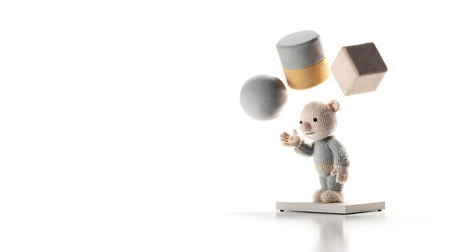 A cute knitted character balancing geometric 3D shapes like a sphere, cylinder, and cube against a clean white background, representing creativity, balance, and playful learning concepts.
