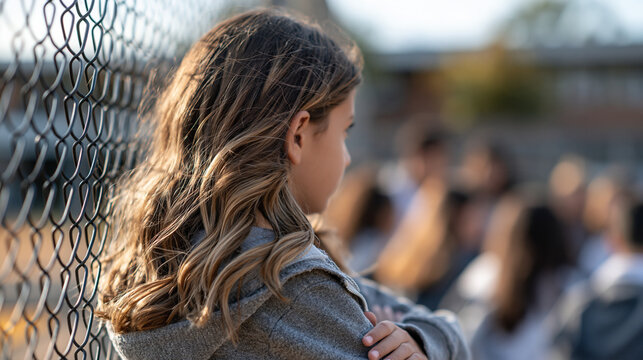 Close view from behind of a girl standing alone against a chain-link fence at the edge of an empty schoolyard, arms crossed loosely, face not visible, blurred group of classmates f