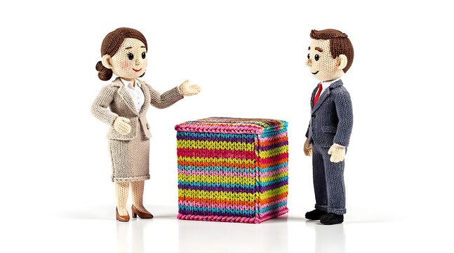 Two Handcrafted Knitted Amigurumi Business Professionals Doll Characters Presenting a Vibrant Colorful Striped Cube Box Miniature Corporate Concept for Creative Solutions and Teamwork