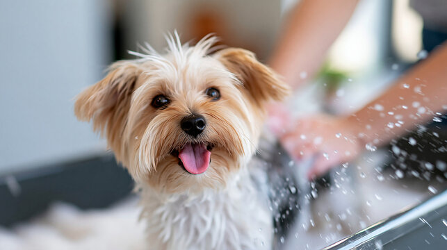 A small dog standing in a shallow grooming tub covered in soft foam while gloved hands work along its back, water droplets flying and ears back in surprise, bright pet salon with a