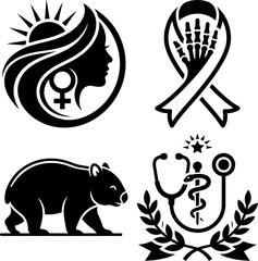 Obraz premium Four distinct black and white symbolic icons featuring medical and zodiac elements