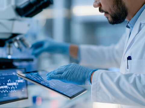 Biotech researcher adjusting settings on a high-throughput screening instrument while reviewing molecular structure models on a nearby tablet, subtle digital overlay elements, phot