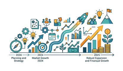 Naklejka premium Business growth concept vector illustration showing timeline strategy planning rocket launch financial progress and market expansion icons.