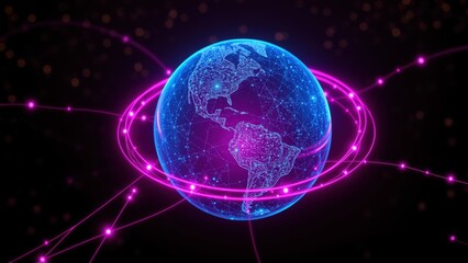 Fototapeta premium Digital globe illustration. Bright neon lines connect continents, forming network. Dark background emphasizes glowing sphere.