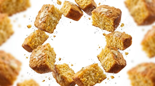 Fresh Baked Cornbread Squares Arranged in a Circular Wreath Formation with Melting Butter and Corn Kernels Isolated on a White Background