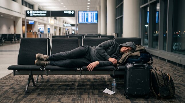 Tired traveler napping on airport bench during overnight layover, recovering from jet lag in the quiet terminal waiting area for travel tips, airline services, and budget flight information.
