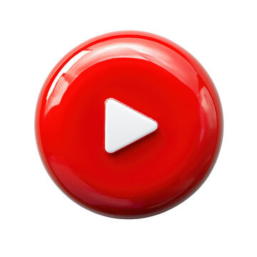 Glossy red play button icon, 3D media control symbol, round plastic UI element for video streaming and apps isolated on Transparent Background