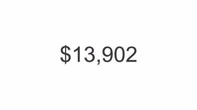 dollar number counter animation 0 to 25000 on white transparent background, zero to twenty five thousand with dollar sign in 4k animation with alpha channel.