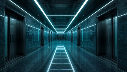 Obraz premium Generative AI depicts a futuristic, sleek elevator corridor with neon lighting