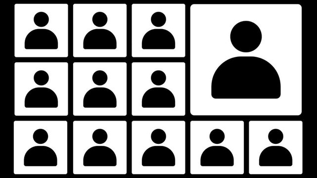 A minimalist motion graphic animation depicting user profile grids popping up to form a virtual meeting user interface screen layout, complete with a bottom navigation control bar on a black backgroun
