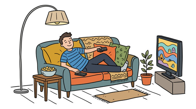 Man relaxing on the couch watching television with snacks.
