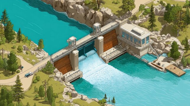 Isometric vector of hydroelectric dam and water