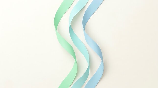 Three wavy ribbons of light blue, teal, and mint green on a soft cream background abstract