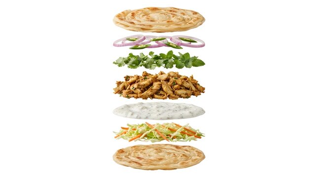 Exploded view of a delicious chicken paratha roll with layered ingredients, fresh vegetables, herbs, and creamy sauce isolated on white background