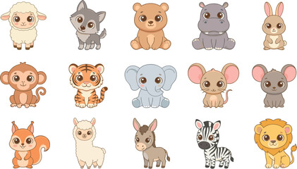 Fototapeta premium Cute Cartoon Baby Animal Character Vector Set Featuring Adorable Kawaii Style Lion, Tiger, Elephant, Monkey, Zebra, and Bear Wildlife Icons