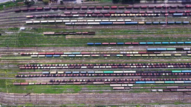 Aerial view of freight trains at the railway yard in Tbilisi, Georgia.