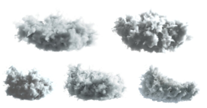 Realistic dark clouds set. Fluffy grey storm clouds, realistic smoke puffs, cumulus weather elements, overcast sky atmosphere. 3D render cloud shapes and foggy steam texture vector illustration set.