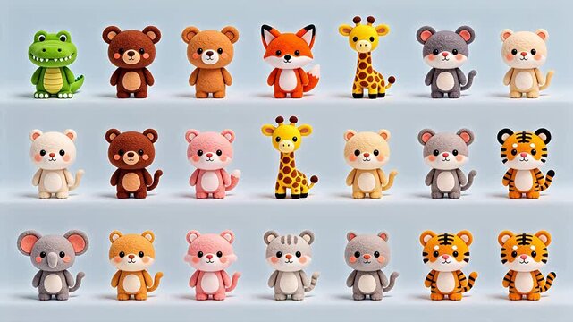 Grid of 24 colorful soft plush animal toys on a white background