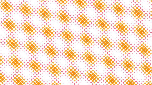 Abstract pattern of orange and pink squares arranged in a diagonal grid on a solid black background, for a geometric, wallpaper texture isolated on a transparent background