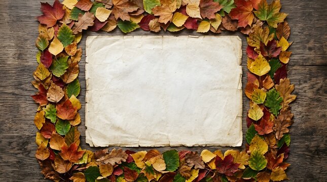 Blank white paper frame decorated with colorful autumn leaves on a rustic dark brick wall background