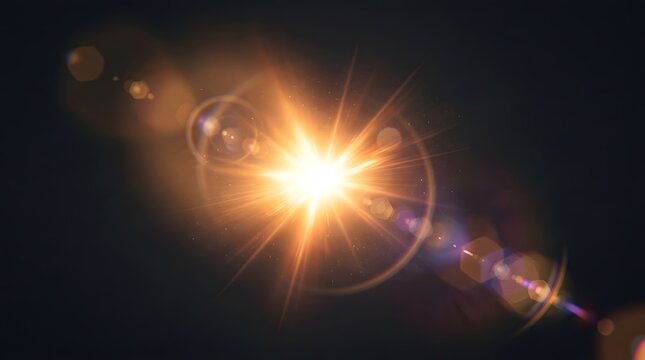 Bright glowing sun flare effect with light streaks and circular bokeh isolated on a dark black background