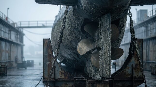 Closeup of a submarine stern showing propeller blades, maintenance cradles and barnacled steel hull in a naval dockyard.