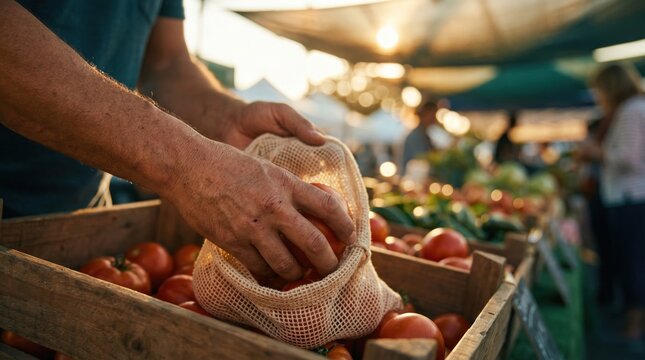 A person is placing tomatoes in a reusable bag while shopping at a farmer's market during the late afternoon
