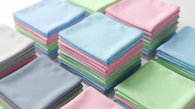 Different colored towels are neatly stacked on a table in a well-lit room. Each stack is arranged with care, showing a variety of hues