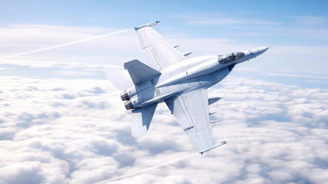 Military fighter jet flying above thick cloud layer. Modern supersonic aircraft performing aerial maneuvers in clear blue sky. Tracking shot of aviation technology.