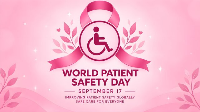 World patient safety day pink theme banner with wheelchair and ribbon, hospital