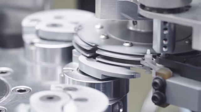 Close-up view of precision industrial hardware in stainless housing, revealing stacked discs, gears, shafts, and bolts under reflective workshop lighting mechanical detail