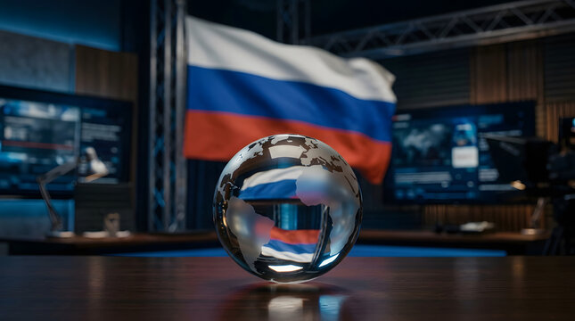 Reflective sphere with Russian flag in modern control room