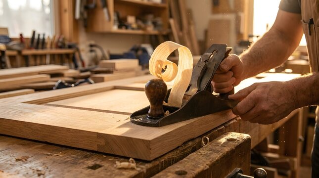 Woodworker's hands using a hand plane on oak board with golden sunlight and curling wood shavings in carpentry
