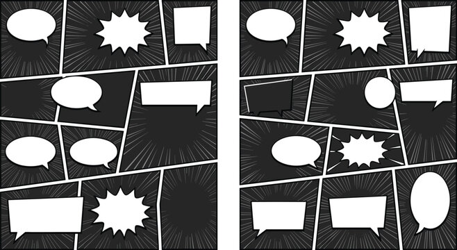 Comic book page layout vector illustration with dark speed lines and various blank speech bubbles for storytelling