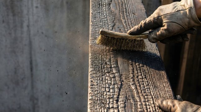 Worker in leather gloves brushes charred wood with wire brush creating dust particles in warm outdoor sunlight